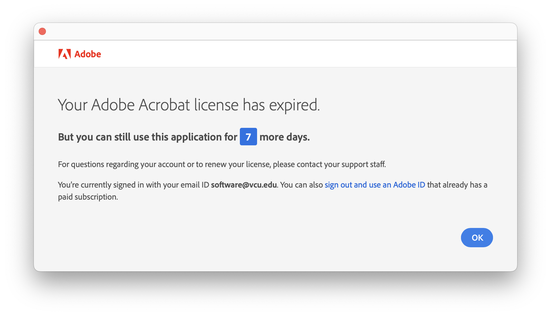 Adobe License Expiration Warning Notice