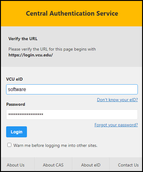 Image of the VCU Authentication screen