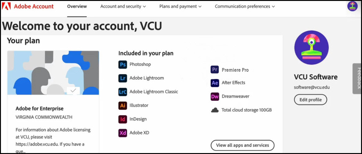 Image of your account after successful login to Adobe for VCU