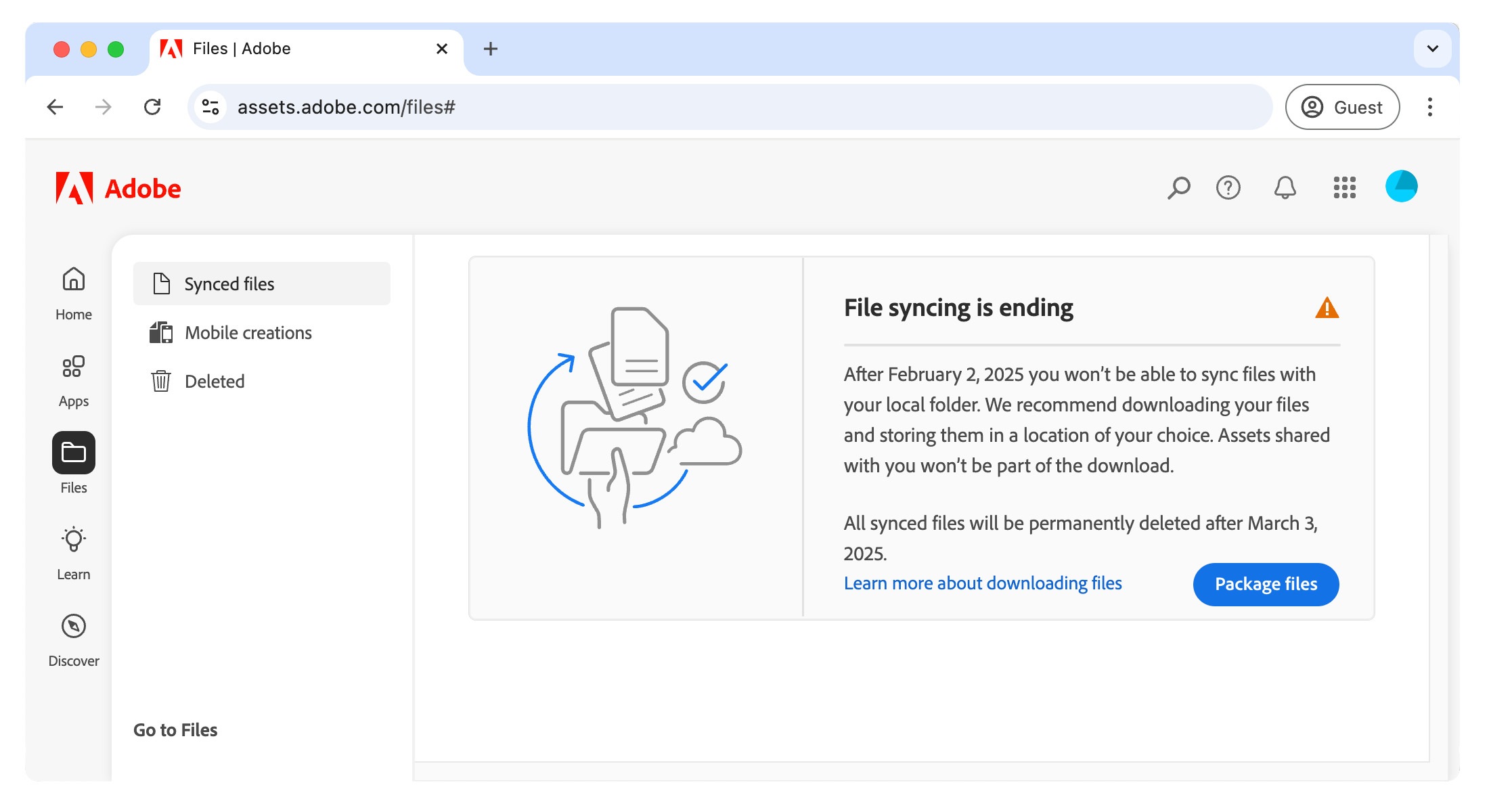 VCU Adobe File Sync Assets Download Notice Screen 1