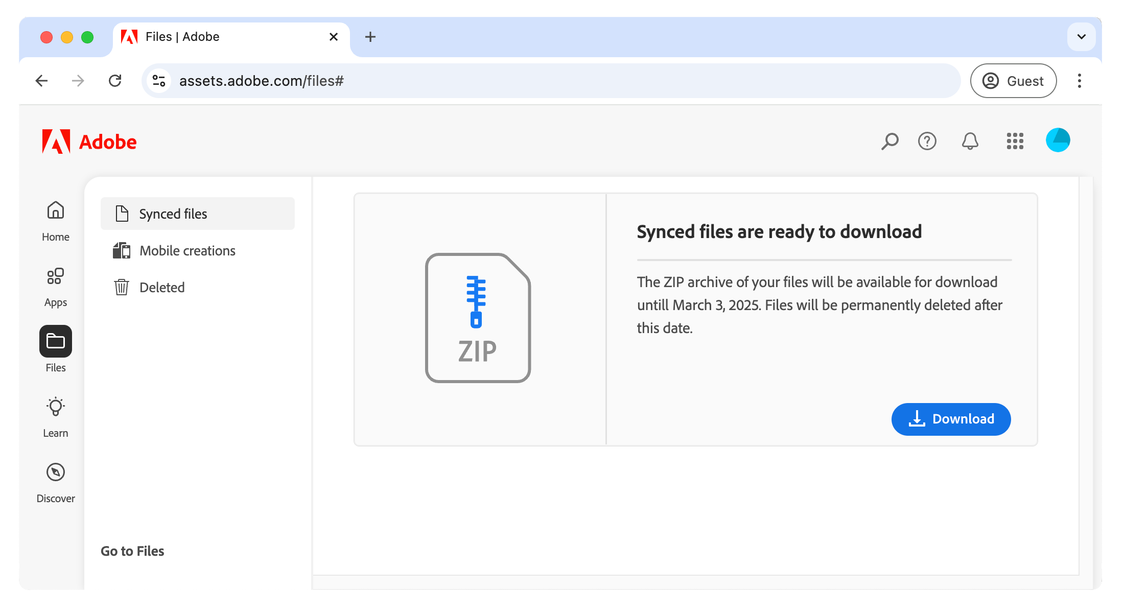 VCU Adobe File Sync Assets Download Notice Screen 2