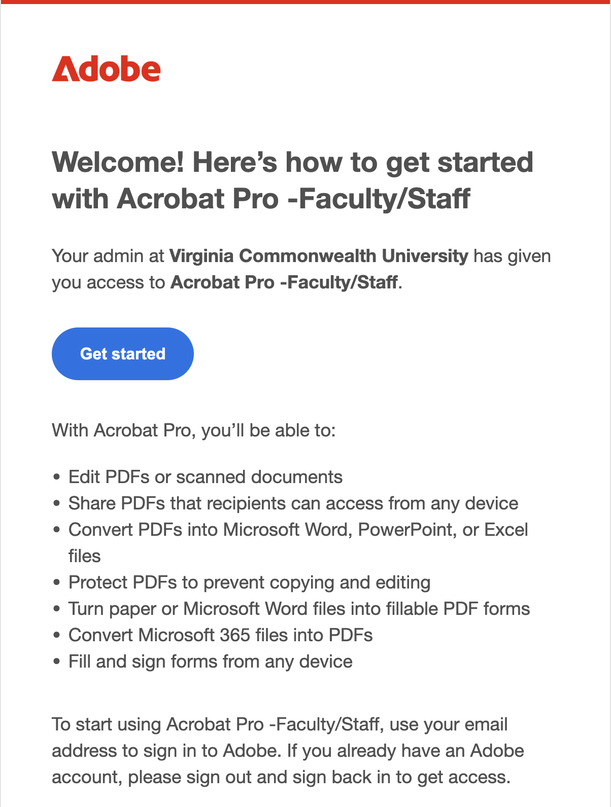 Adobe Acrobat Pro Welcome Email